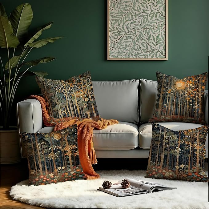 Rustic William Morris Inspired Autumn Forest Pillow Covers 20x20 Set of 4, Fall Home Room Decor, Vintage Botanical NatureDecorative Throw Pillow Covers for Home Bedroom Living Room