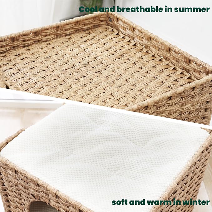 Safety Triple-Layer Cat House for Indoor Cats - Hand-Woven Rattan Cat Cave with 2 Hideaways & 3 Soft Pads - Foldable & Sturdy Cat Condo Furniture for Multiple Cats & Small Pets, Easy Assembly