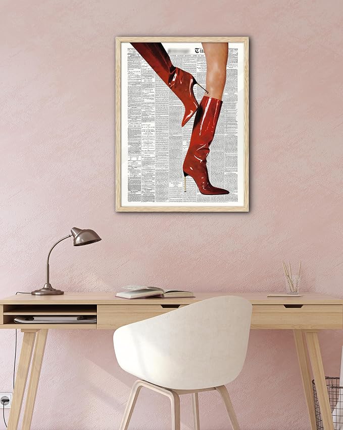 EcoHest 16x20 in Red Boots Newspaper Framed Wall Art | Solid Oak Wood Frame with Canvas Wall Art, Fashion Magazine Wall Decor for Bedroom, Apartment, Dorm Room, College Room, 1Pack