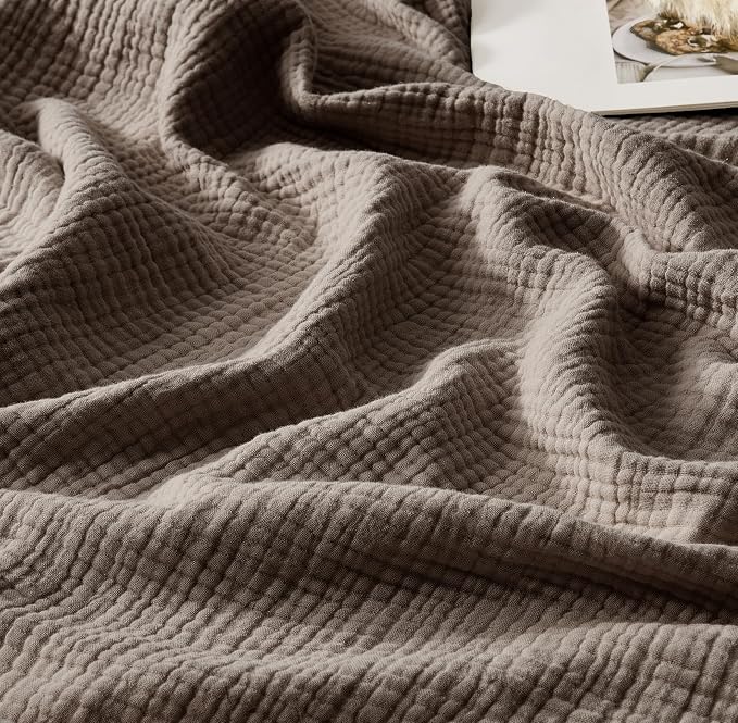 WDCOZY Muslin Blanket 100% Cotton Blankets Twin Size 4-Layer Breathable Lightweight for Couch Bed Boho Farmhouse Linen Tassels Ruffle Gauze Blankets 60x80 Inches Brown Mocha Chocolate Coffee Taupe