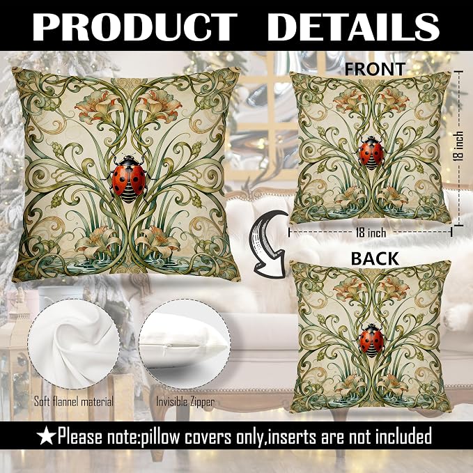 Art Nouveau Ladybug Ant Insect Pillow Covers 18x18 Set of 2, Nature Room Home Decor, Cottagecore Beige Vintage Floral Bug Insects Decorative Pillow Covers for Home Living Room Bedroom