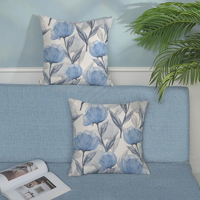 Floral Pillow Covers 18x18 Inches Set of 2,Watercolor Blue Flower Throw Pillow Covers Outdoor Spring Summer Flower Decoration Pillowcase Farmhouse Decorative Square Cushion Cover For Home Sofa