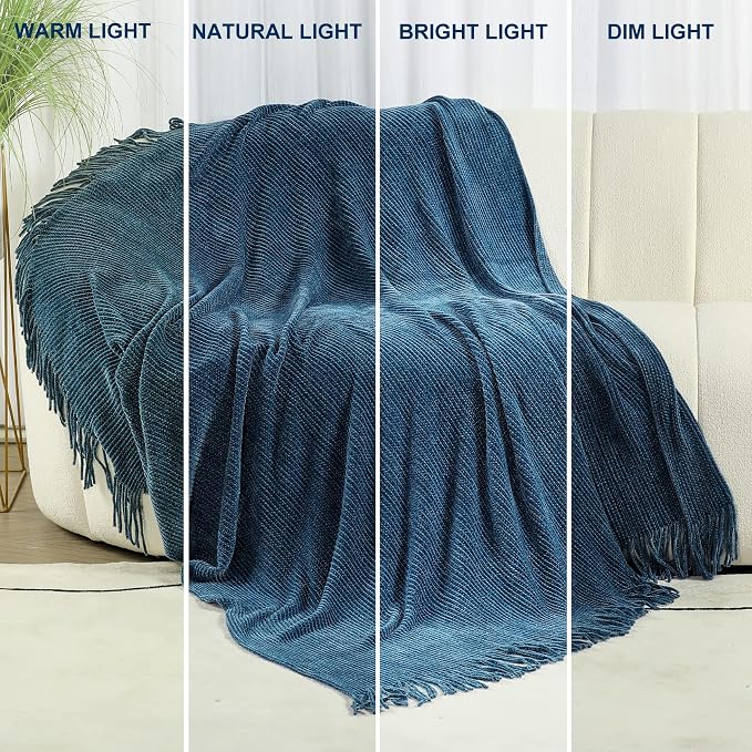 Blagic Chenille Throw Blanket for Couch and Bed,Dark Blue,50"x60" | Soft Farmhouse Boho Throw Blanket with Tassels,Decorative for Living Room,Stripe Textured Throws for Bed/Chair/Sofa