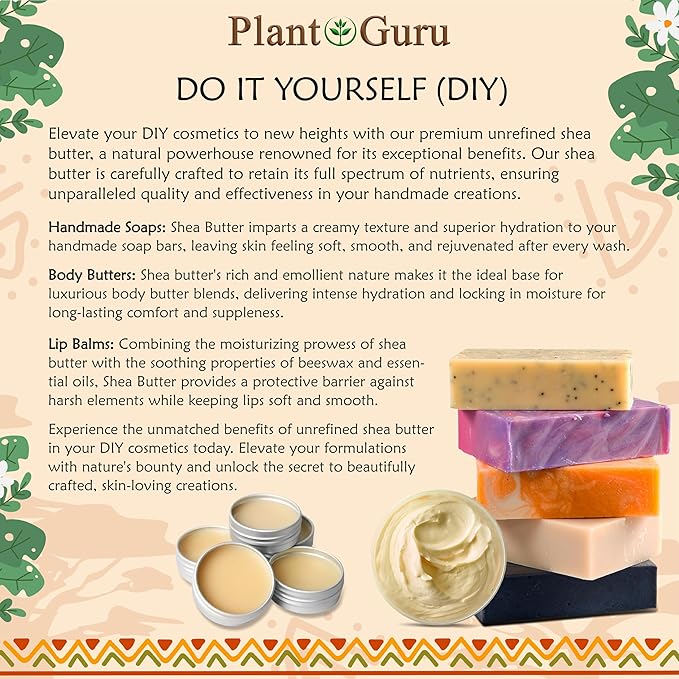 Plant Guru Raw African Shea Butter 8 oz. 100% Pure Natural Unrefined IVORY - Ideal Moisturizer For Dry Skin, Body, Face And Hair Growth. Great For DIY Soap and Lip balm Making.