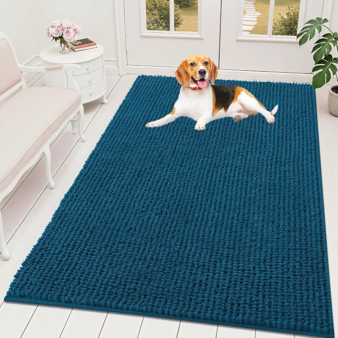 OLANLY Dog Door Mat for Muddy Paws 59x35, Extra Absorbent Chenille Mud Mat | Atlantic Blue, Absorbs Moisture and Dirt, Non-Slip Machine Washable Doormat, Quick-Drying Indoor Entryway Floor Mat for Dogs