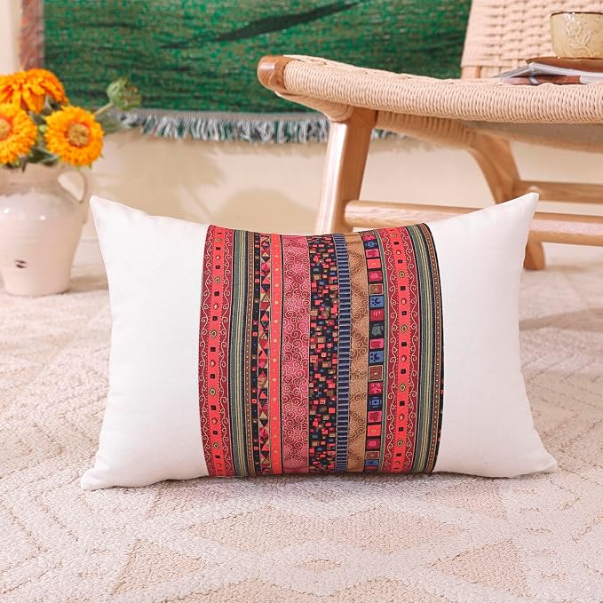 TAOSON Pack of 2 White & Red Stripe Patchwork Throw Pillow Covers 12x20 Inch - Bohemian Farmhouse Cushion Cases with Hidden Zipper for Sofa & Bedroom (Cover Only)