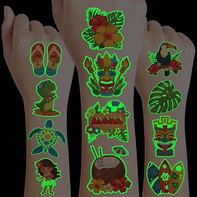 96 PCS Hawaiian Luau Pre-Cut Luminous Glow in the dark Temporary Tattoos for Kids | Super Cute Themed Birthday Party Favors, Supplies, Decorations, Summer Fake Tattoo Stickers Gifts for Boys Girls
