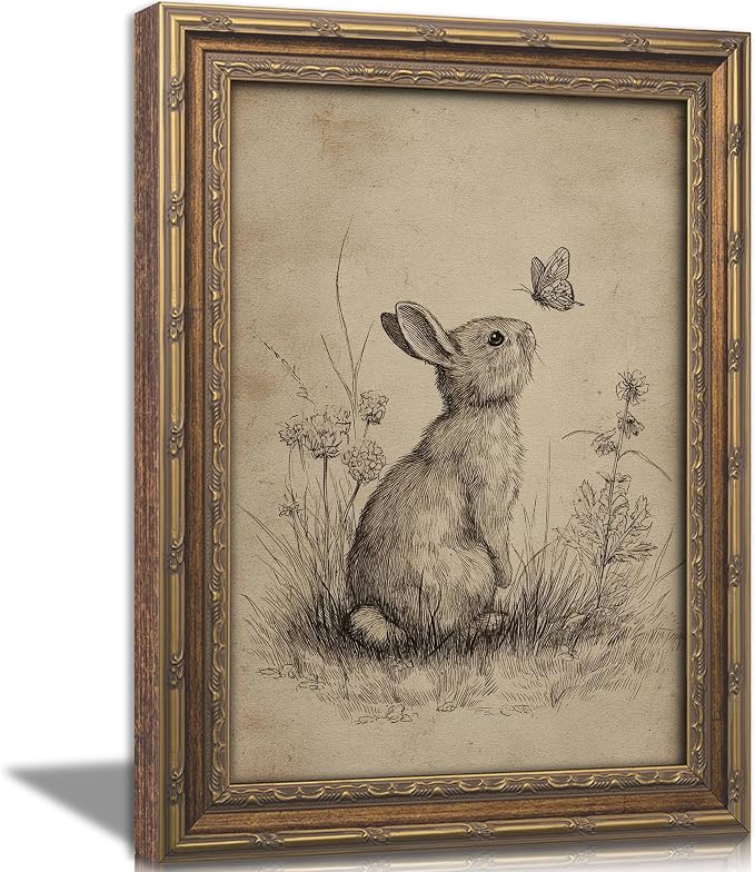 Vintage Gold Framed Bunny Easter Wall Art Rabbit and Butterfly Painting Canvas Prints Country Botanical Wildflowers Sketch Picture Rustic Farmhouse Poster Artwork for Living Room Bedroom Bathroom