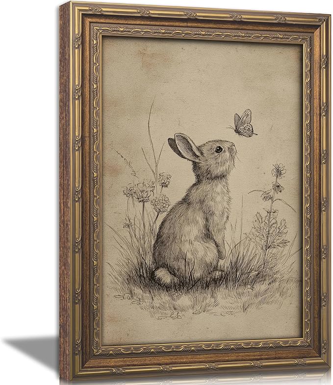 Vintage Gold Framed Bunny Easter Wall Art Rabbit and Butterfly Painting Canvas Prints Country Botanical Wildflowers Sketch Picture Rustic Farmhouse Poster Artwork for Living Room Bedroom Bathroom