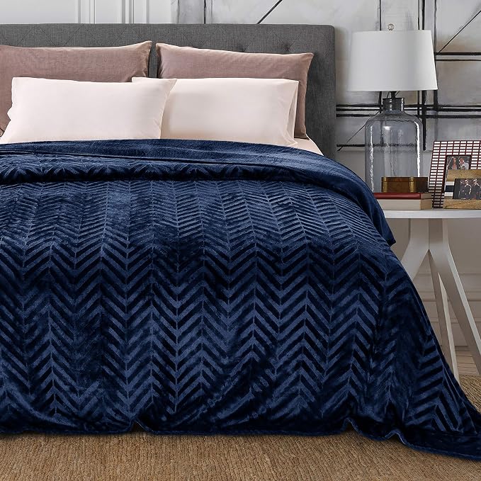 Whale Flotilla Flannel Fleece Fall Bed Blanket King Size, Navy Blue | Lightweight Breathable Soft Bedspread, Plush Fluffy Coverlet Chevron Design Decorative Blanket for Home Life, 90x104 Inch