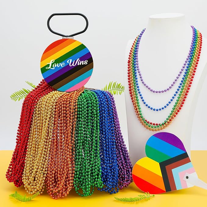 Pride Necklace Accessories, 30PCS LGBTQ Beads Necklaces, 6 Kinds Metallic Rainbow Beads Bulk, Round LGBTQ Pride Stuff for Gay Lesbian, Costumes Decor for Parade Throws Party Favors