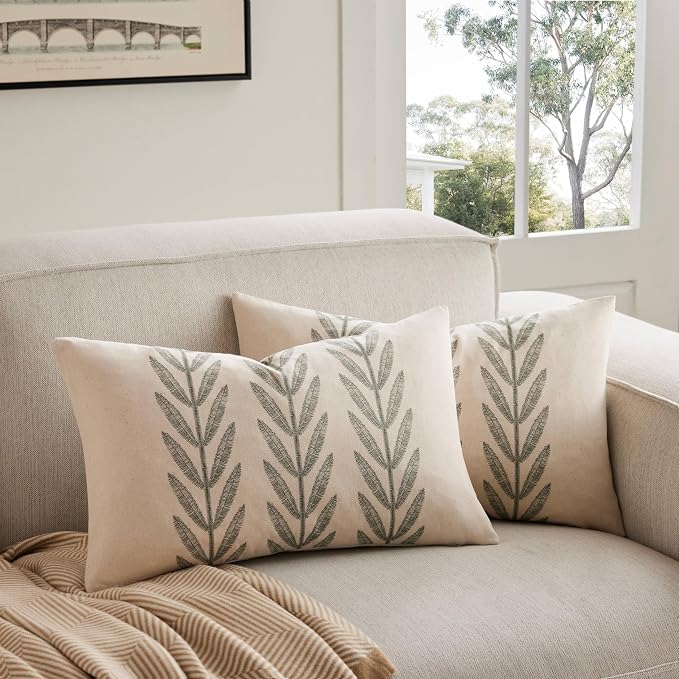 Farmhouse Leaves Lumbar Pillow Covers Set of 2, 12x20in Green | 100% Organic Cotton, Rustic Accent Print Pillow Case, Pastoral Decorative Cushion Covers for Sofa Bed Living Room Home Decor