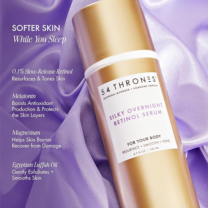 54 Thrones Silky Overnight Retinol Body Serum, Retinol Serum for Face and Body, Skin Care for Women, Infused with Egyptian Luffah Oil, Magnesium and Melatonin
