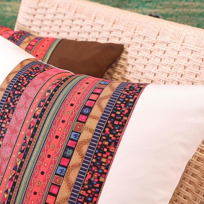 TAOSON Pack of 2 White & Red Stripe Patchwork Throw Pillow Covers 18x18 Inch - Bohemian Farmhouse Cushion Cases with Hidden Zipper for Sofa & Bedroom (Cover Only)