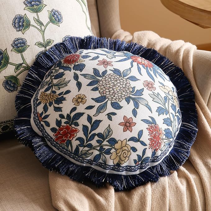 patdrea Designer Vintage Linen Throw Pillow Cover,Diameter 16"-Ivar A | Decorative Pillow Case,Chinoiserie Blue Floral Print Pillow Cover for Couch Living Room Bedroom Sofa,Fringe Trim