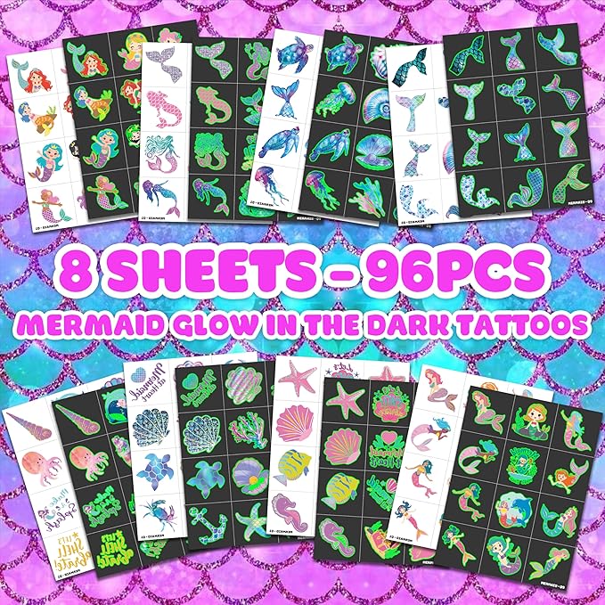 96 PCS Mermaid Ocean Sea Pre-Cut Luminous Glow in the dark Temporary Tattoos for Kids | Super Cute Themed Birthday Party Favors Supplies Decorations, Fake Tattoo Stickers Gifts for Boys Girls Rewards