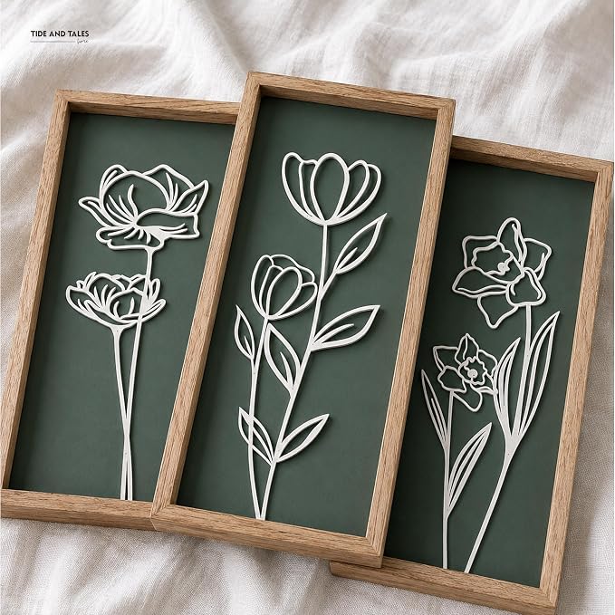 Tide and Tales 3d Green Wall Art, Wooden Botanical Wall Decor, Set of 3 | 7" x 16", Lightweight, Framed Ready-to-Hang, Bathroom Wall Decor, Bedroom, Living Room, Office, Farmhouse, Gift-Boxed