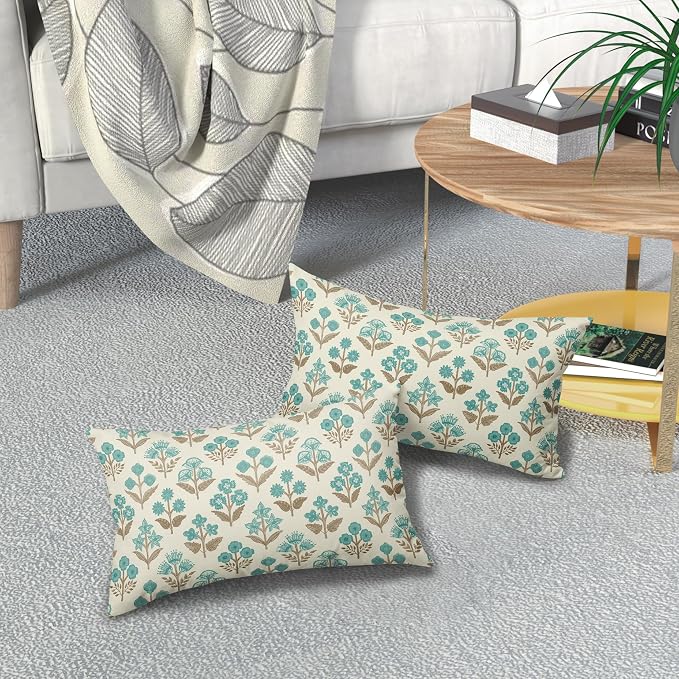 Brown Cyan Floral Pillow Covers 12x20 Inch Set of 2, Block Print Lumbar Flower Cream Decorative Throw Pillowcases Outdoor Farmhouse Rectangle Cushion Covers Spring Summer Sofa Couch Bed Decor