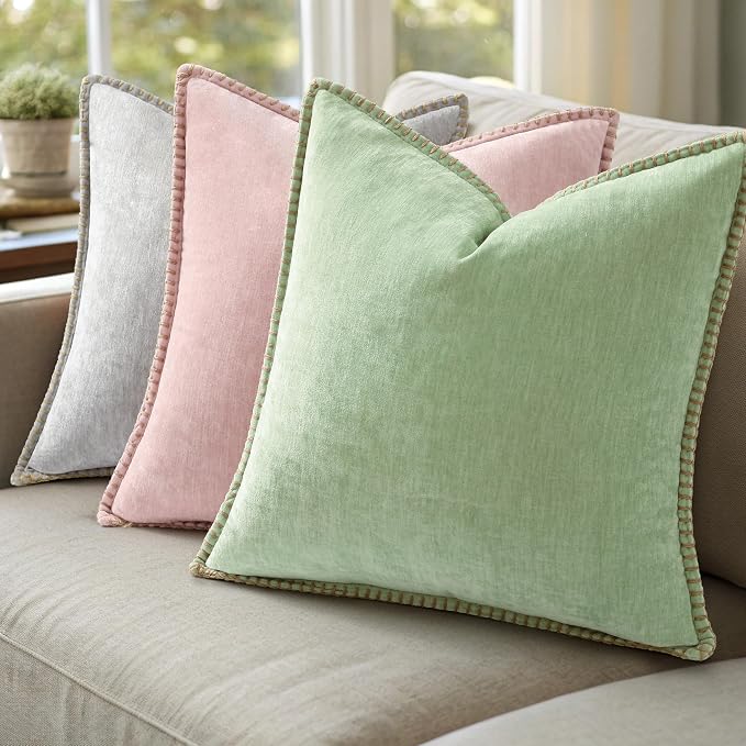 decorUhome Soft Chenille Throw Pillow Covers 18x18 Set of 2 Sage Green | Fall Textured Decorative Throw Pillow Cases Stitched Edge Modern Farmhouse Luxury Boho Velvet for Couch Sofa Bed Home Decor