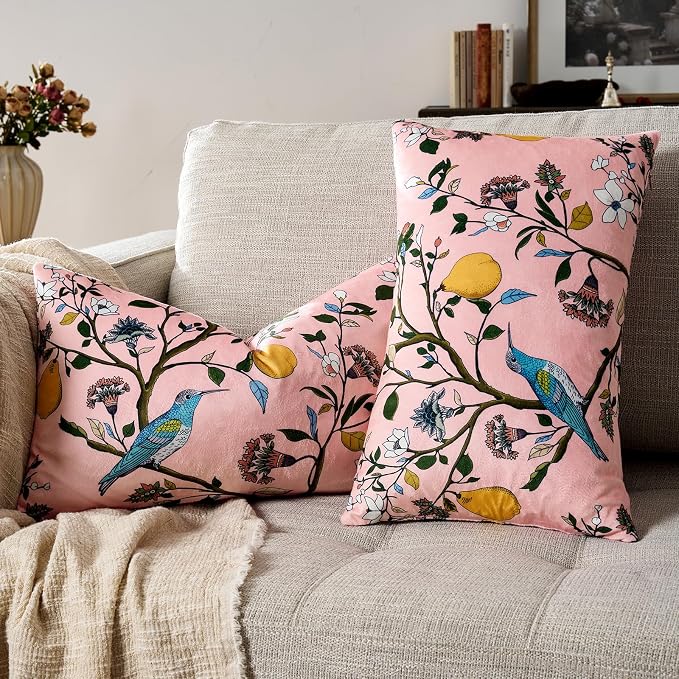 Light Pink Velvet Floral Decorative 12x20 Lumbar Pillow Covers Set of 2 | Durable and Sturdy,Botanical Printed Pattern,Throw Pillows Case,Rectangle,Colorful Farmhouse,Home Sofa Bed Couch Decor