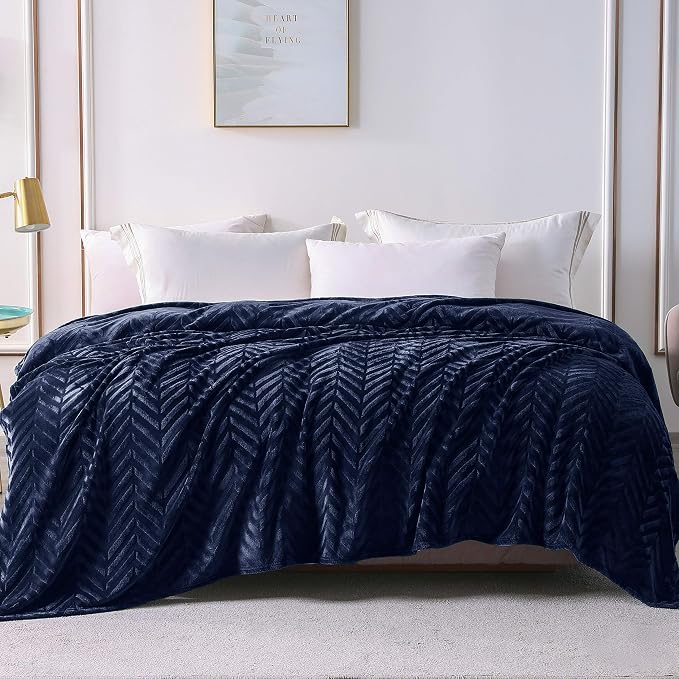 Whale Flotilla Flannel Fleece Fall Bed Blanket King Size, Navy Blue | Lightweight Breathable Soft Bedspread, Plush Fluffy Coverlet Chevron Design Decorative Blanket for Home Life, 90x104 Inch