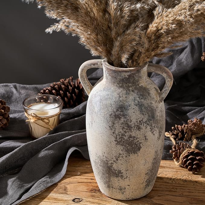 PORCER 9.84 Inch Ceramic Vase with Handles, Tuscan Decor Antique Terracotta Vase, Rustic Decorative Flower Vase for Home Decor, Farmhouse, Living Room, Table, Bedroom, Office, Entrance- Gray