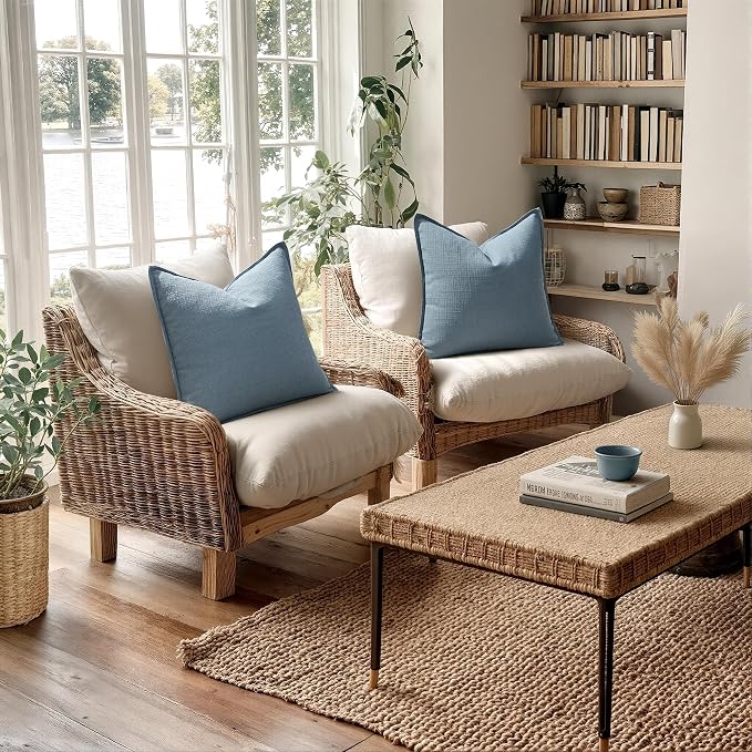 MIULEE Thick Textured Euro Sham Throw Pillow Covers 24x24 Inch Blue | Set of 2, Decorative Linen Blend Pillow Cover, Flange Edge Design, Farmhouse Modern Boho Style, Bed Couch Living Room Decor