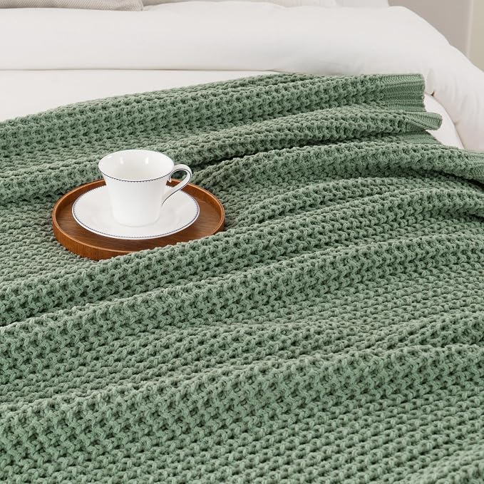 Sage Green Waffle Knit Throw Blanket for Couch, Chenille Blanket 50x60 in | Chunky Knitted Blanket, Soft Green Throw Blanket for Home Decor, Sofa, Spring, Modern Farmhouse Blanket Throw