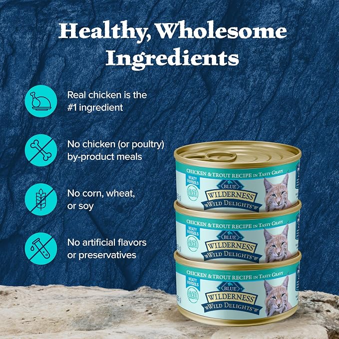 Blue Buffalo Wilderness Chicken & Trout Wet Cat Food, 3 oz, 24 ct | Wild Delights Meaty Morsels in Tasty Gravy, High Protein & Grain-Free Recipe, Made with Natural Ingredients