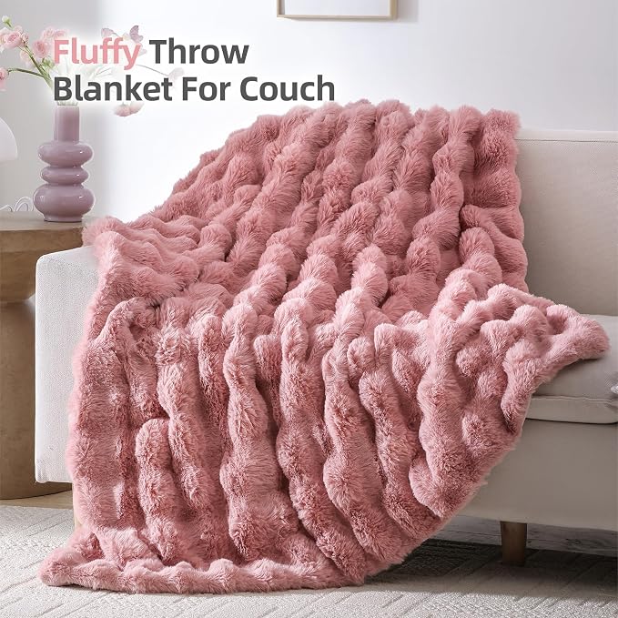 Faux Rabbit Fur Throw for Couch - Old Pink Bubble Blanket 50"x60" | Fluffy Plush Fuzzy Throw for Sofa & Bed, Super Soft Cozy Comfrt Blanket, Luxury Aesthetic Pink Decor Gift for Women