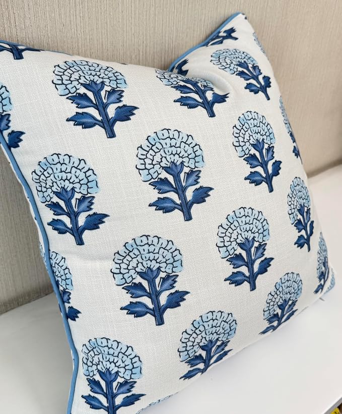 Marigold Floral Print 18x18 Throw Pillow Cover, Blue | Blue marigold floral on off-white slub, blue piping; both sides printed; hidden zip; cover only