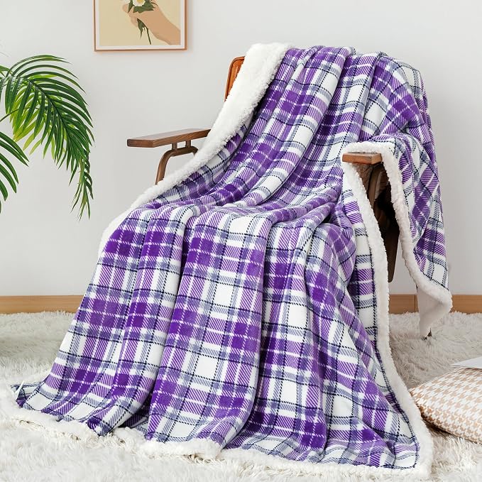 Sherpa Plaid Throw Blanket, 60" X 70"Fuzzy Fluffy Cozy Soft Blanket, Fleece Flannel Plush Twin Size Microfiber Blanket for Couch Bed Sofa,Purple