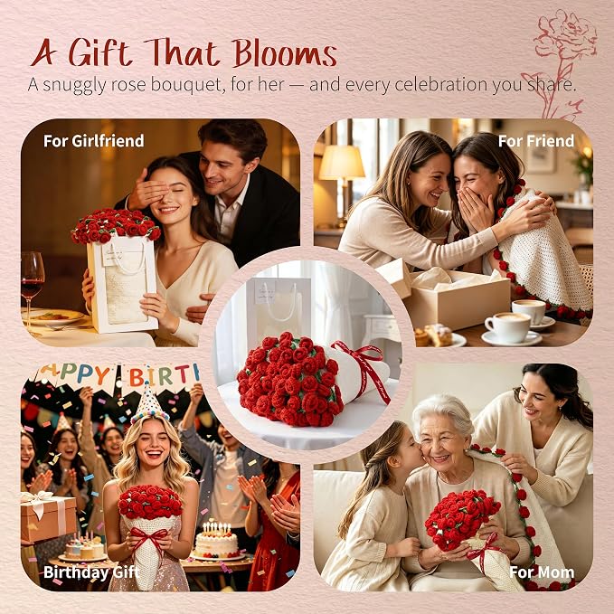 Red Rose Crochet Flower Bouquet Blanket, 43 Inch Throw, 60 Rose Flowers | Gift Bag, Writable Card, Machine Washable, Hand-Crocheted Red Roses, Ready for Romantic Gifts, Birthdays, or Anniversaries.
