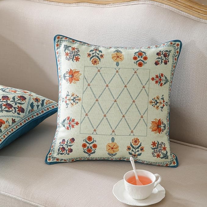 Linen Square Throw Pillow Cover,Set of 2,18"x18"-Floralsea B | Designer French Elegant Pillow Cover,Concealed Zipper Design,Sofa,Bedroom,Living Room,Lounge Chairs,All Season Home Decor