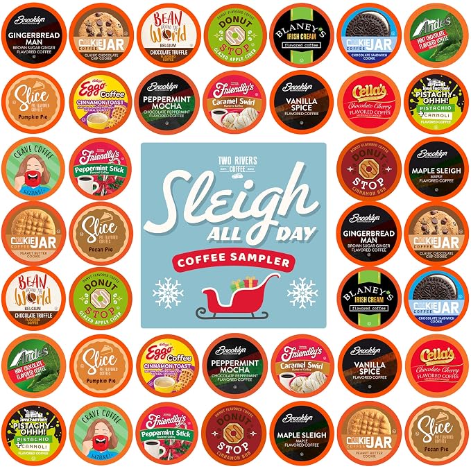 Two Rivers Coffee Sleigh All Day Holiday Coffee Pods Compatible with Keurig K Cup Brewers, Assorted Coffee Sampler, 40 Count (Pack of 1)
