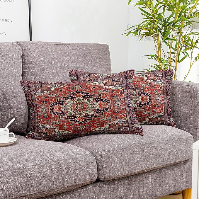 Boho Throw Pillow Covers 12x20 inch Set of 2,Soft Pillowcases Bohemia Carpet Printing Pattern Decorative Sofa Living Room Bed Rectangle Pillow Case Cushion Cover-Red