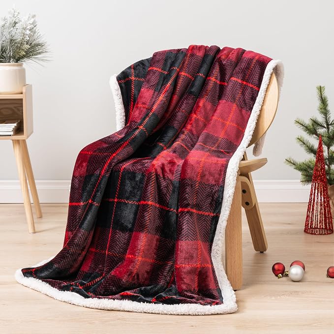 PAVILIA Plaid Sherpa Throw Blanket for Couch Sofa Bed, Black Red, 50x60 | GSM 460; Soft Plush Flannel Fleece; Warm&Cozy for Home; Machine Washable, Perfect Cabin Decor Winter Holiday Christmas Gift