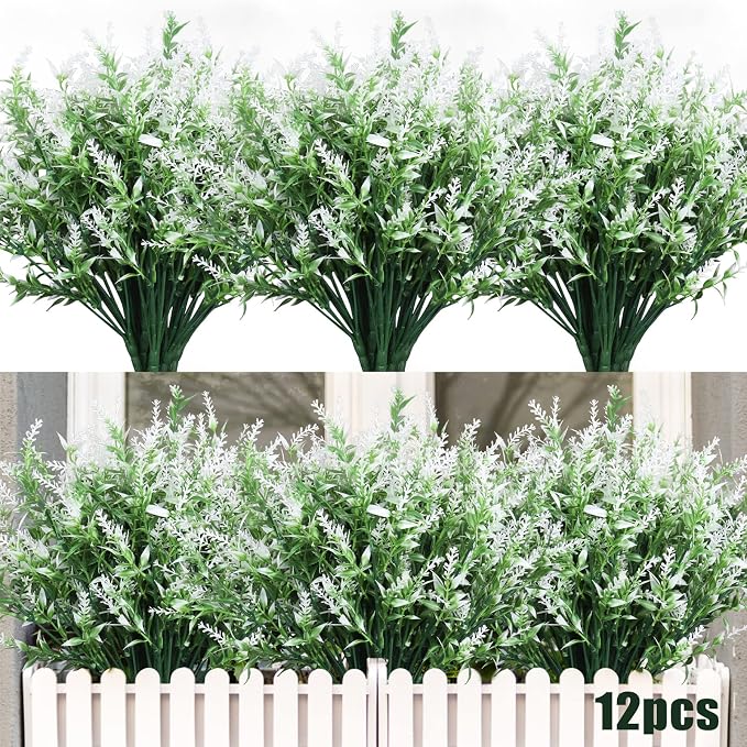 RECUTMS Artificial Flowers Outdoor UV Resistant Fake Boxwood White Shrubs | 12Pc,Artificial Plants & Flowers Greenery Plants for Outside Hanging Planter Garden Window Box Porch Spring Front Porch Decor