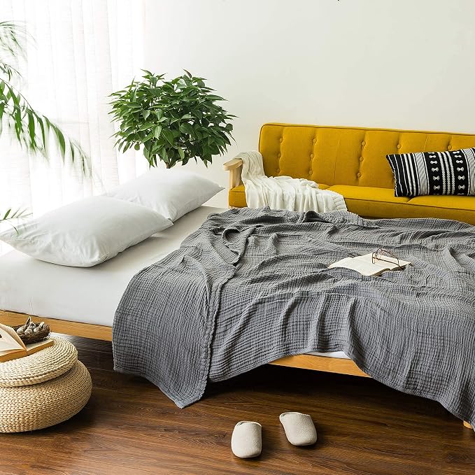 EMME Muslin Blankets for Adults Throw Blanket for Couch Breathable Gauze Soft Lightweight Airy Grey Twin 60" x 80"