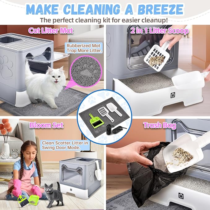 Covered Cat Litter Box, Extra Large Drawer Design with Dual Entry, Grey | 13L litter capacity, adjustable door, leakproof structure, cleaning accessories, complimentary cat litter mat