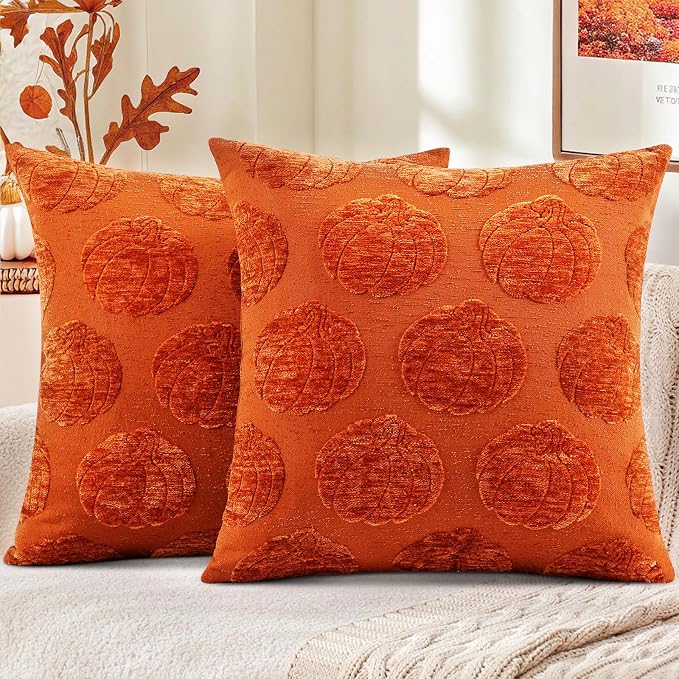 decorUhome Chenille Rust Pumpkin Soft Throw Pillow Covers 20x20 Set of 2 | Fall Decorative Jacquard Farmhouse Accent Modern Farmhouse Neutral Pillowcases for Bed Sofa Autumn Harvest Halloween Holiday