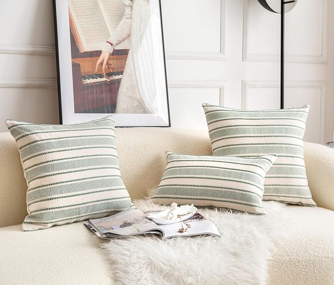 Cethom Decorative Boho Throw Pillow Covers, Farmhouse Textured Pillow Case, 20 x 20 Inch Set of 2, Chair Sofa Bedroom Living Room Home Decor Couch Cushion Case, Green and Beige Striped