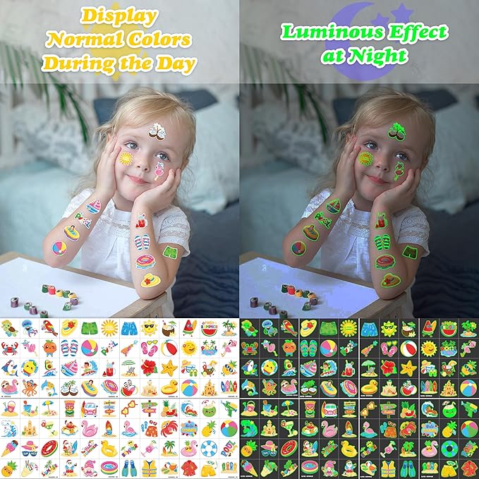 96 PCS Hello Summer Beach Pool Hawaiian Pre-Cut Luminous Glow in the dark Temporary Tattoos for Kids | Super Cute Themed Birthday Party Favors Supplies Decorations, Fake Tattoos Gifts for Boys Girls