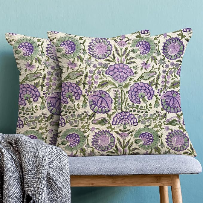 Block Print Pillow Covers 18x18 Inch Pack Of 2 Boho Purple Green Floral Decor Throw Pillow Covers Spring Summer Flower Pillowcase Outdoor Farmhouse Decorative Cushion Cover for Home Couch Sofa