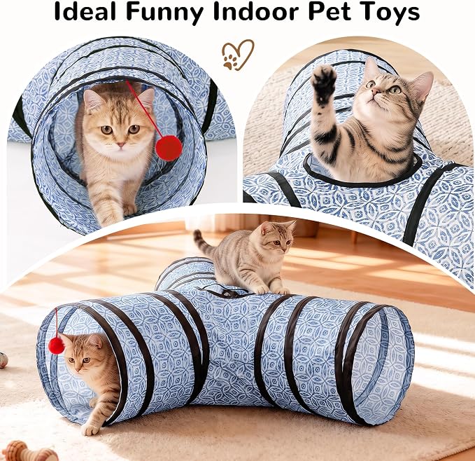 Tempcore 3 Way Collapsible Cat Tunnel for Indoor Cats, Pet Tunnel Bored Toys with Peek Hole & Ball for Puppy, Kitty, Kitten, Rabbit