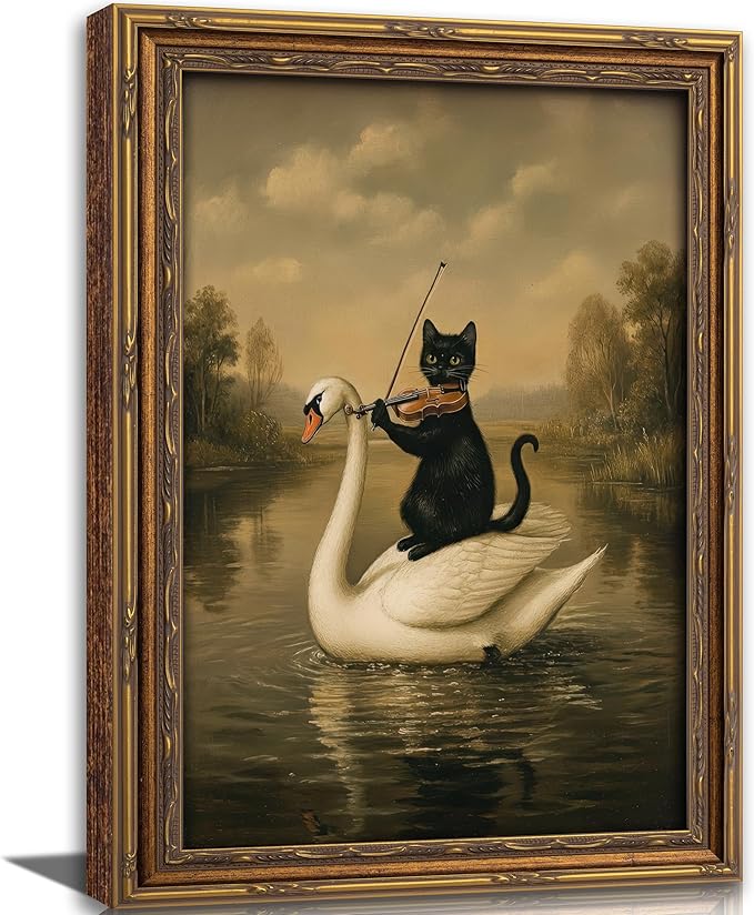 Vintage Gold Framed Black Cat Wall Art,Dark Academia Swan Painting Canvas Print,Moody Cottagecore Cute Animal Wall Decor, Rustic Farmhouse Animal Poster Artwork for Living Room Bedroom Bathroom