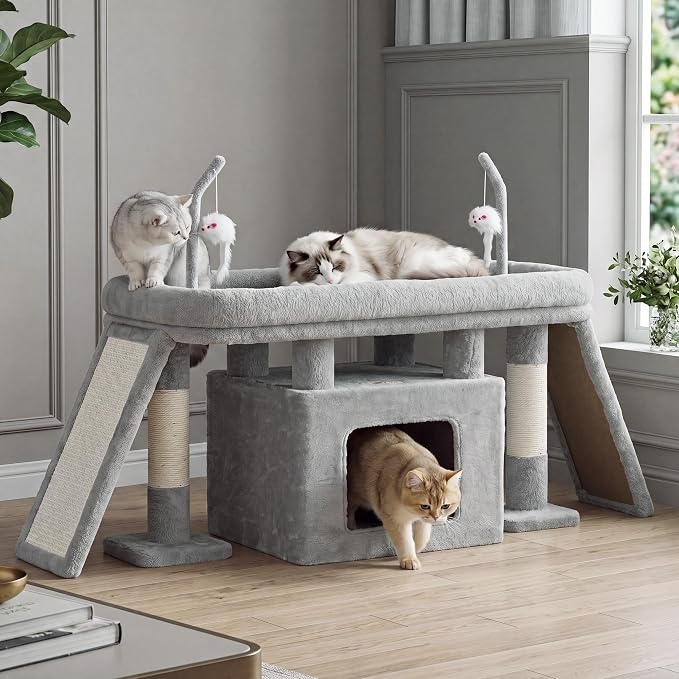Heybly Cat Tree Extra-Long & Stable 2 Adjustable Scratch Boards HCT210SW | Easy-Climb Cat Tower with Dual-Leg Floor Condo, Sturdy Cat Furniture with Extra Wide Platform & Interactive Toys, Light Gray