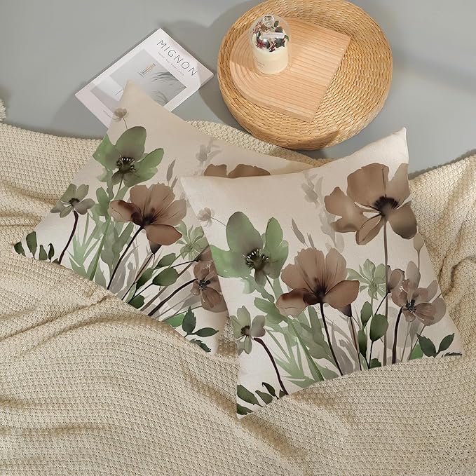 Floral Pillow Covers 22x22 Inches Set of 2 Sage Green Brown Floral Throw Pillow Cover Outdoor Decor Spring Summer Flower Decoration Pillowcase Farmhouse Decorative Cushion Cover for Home Sofa