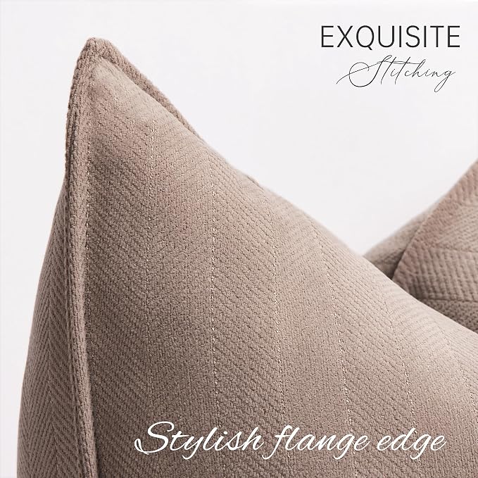 Khaki Pillow Covers 26x26 Set of 2 Chenille Throw Pillow Covers with Elegant Design Soft and Luxurious Decorative Throw Pillows for Couch, Bed, and Home Decor