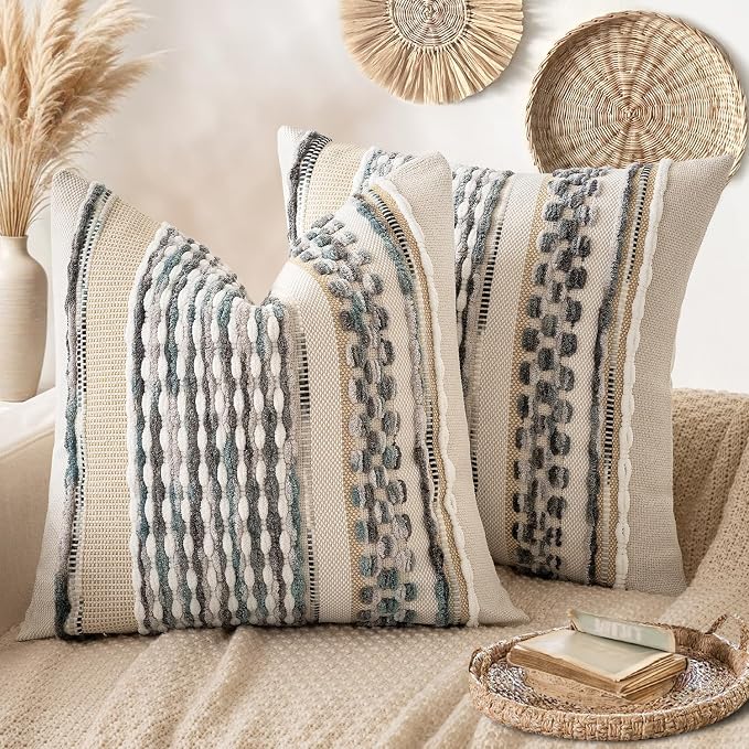 ANRODUO Boho Decorative Pillow Covers Gray Blue Stripe 20x20 Inch Pack of 2 | Throw Pillow Covers, Farmhouse Cushion Case, Chenille Pillow Cases, Pillow Covers, Accent Neutral Pillowcase for Couch Bed